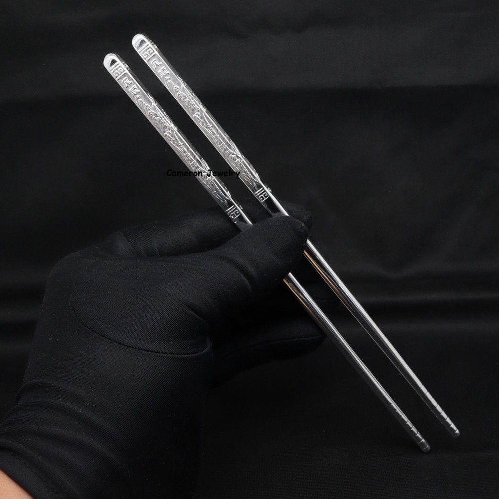 Solid S999 Fine Silver Chopsticks Carved Smooth Sailing Dinnerware 49-50g 8.26in