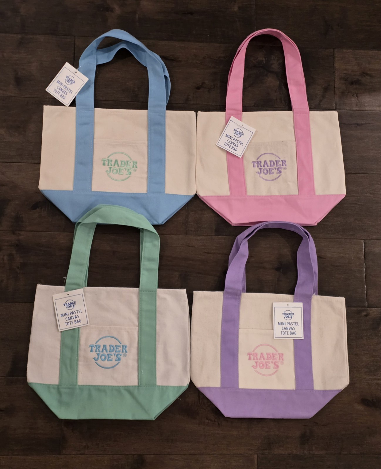 Trader Joe’s Mini Pastel Canvas Tote Bag Set Of 4 Pink Blue Green Purple NWT
