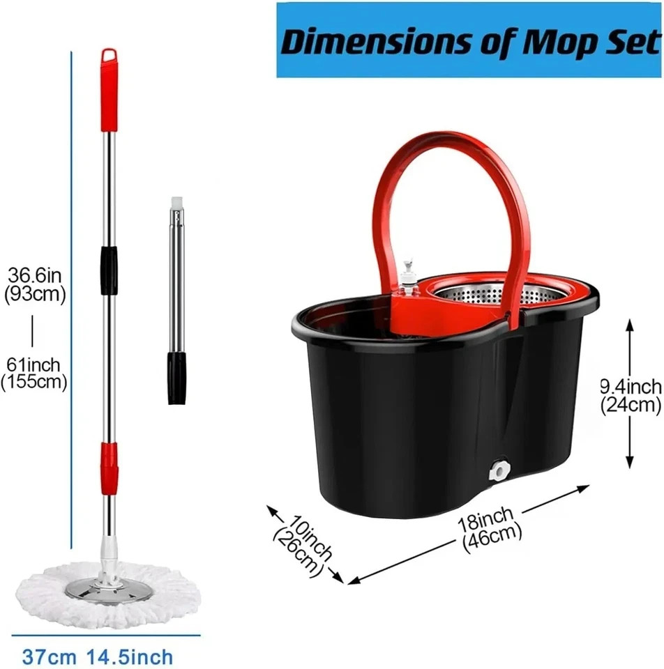 Spin Mop and Bucket with Wringer Set 360° Spinning Mop System 2 Mop Refill USA