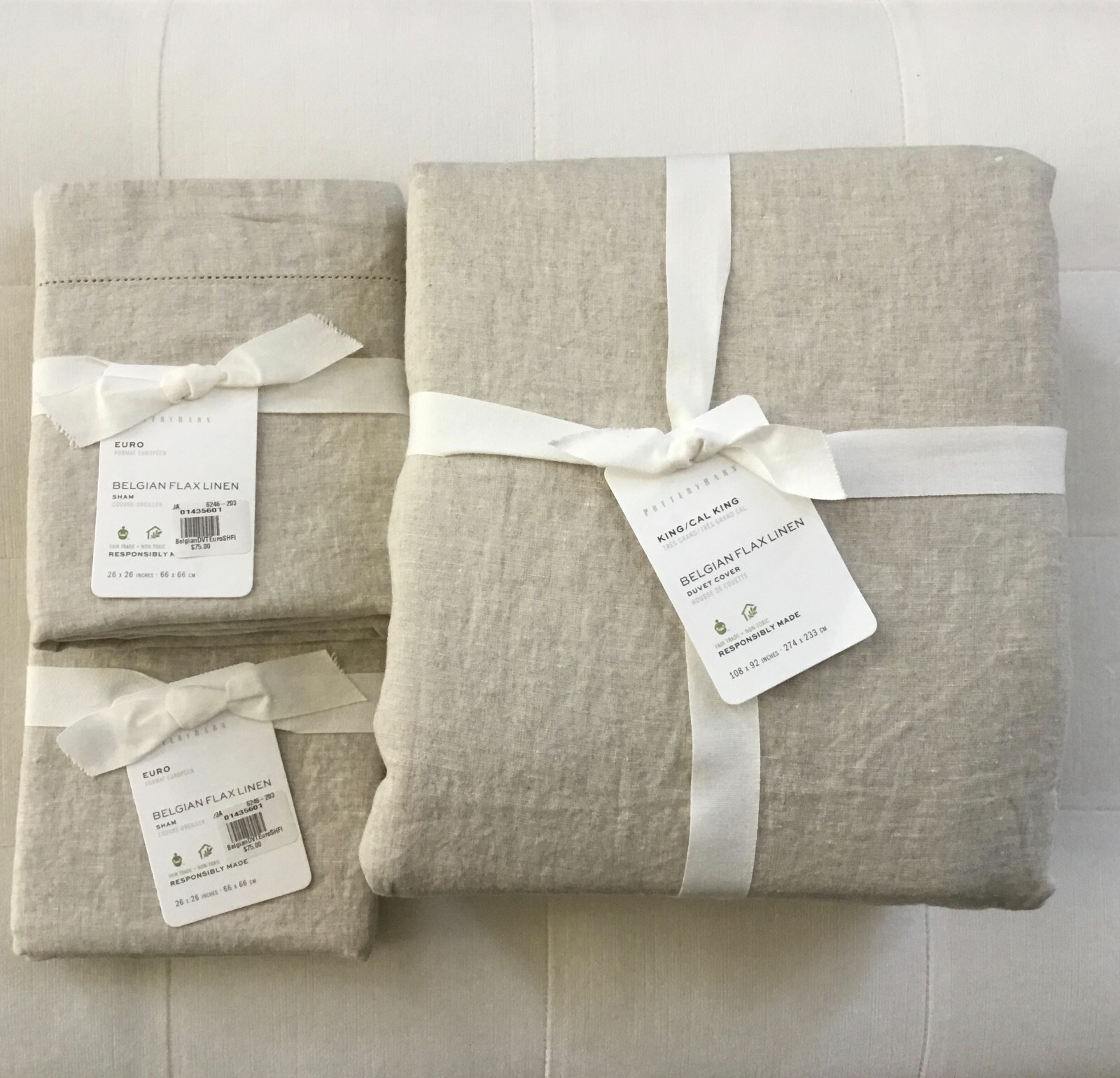 Pottery Barn BELGIAN FLAX LINEN Duvet King/Cal King & Two Euro Shams Flax NWT