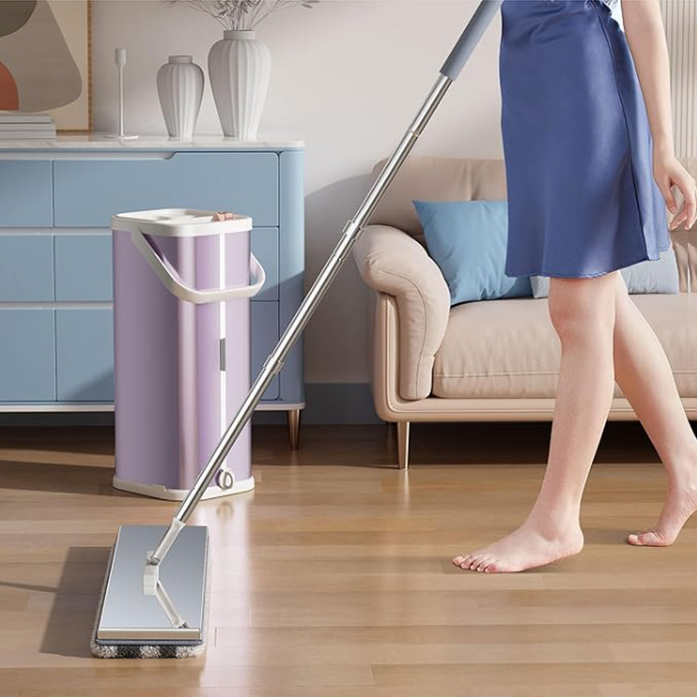 Stainless Steel Flat Mop Bucket Set Wringer 1/2/4/6 Pads Clean Dirty