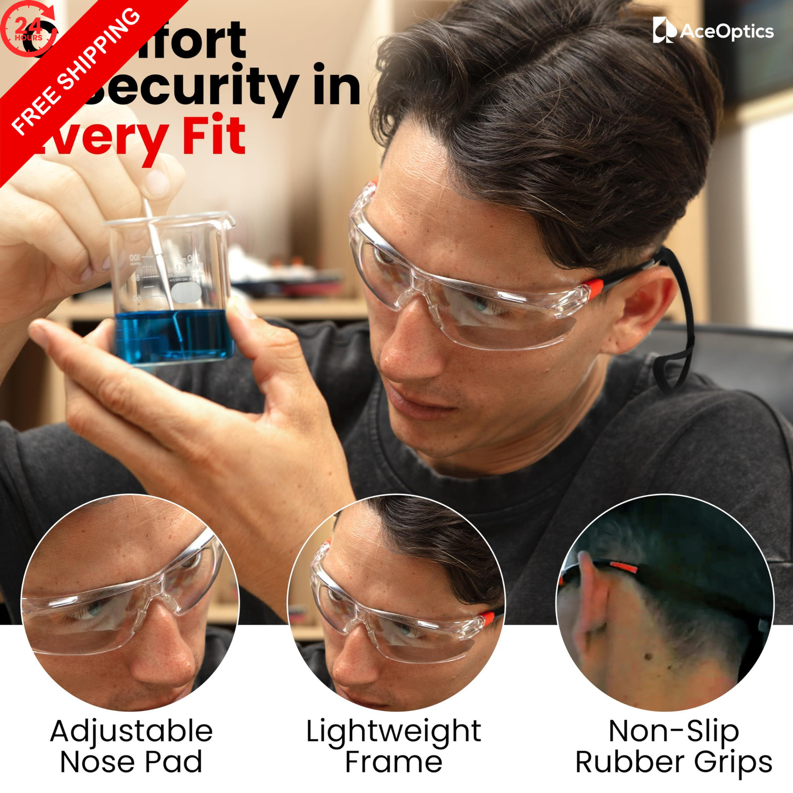 Aceoptics ANSI Z87 Safety Glasses for Men – One Size, Red & Black / Clear