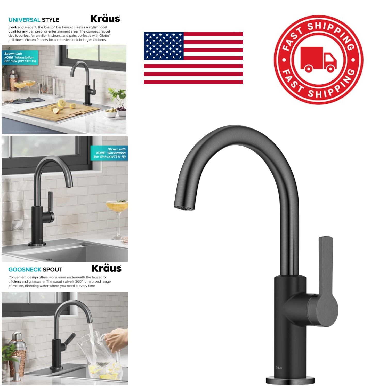 Compact Kitchen Bar Faucet Matte Black Stainless Steel Single Hole Installation