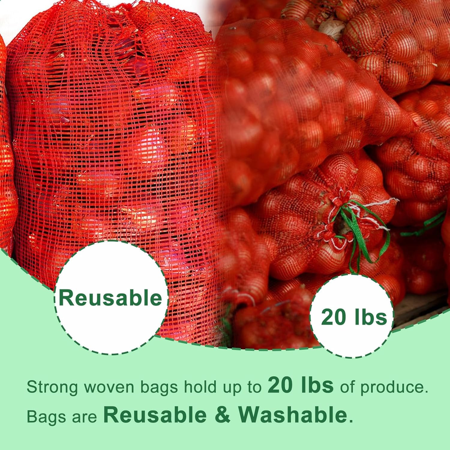 20 Pack Extra Large Mesh Storage Produce Bags – Reusable, 20 lbs Capacity, Washa