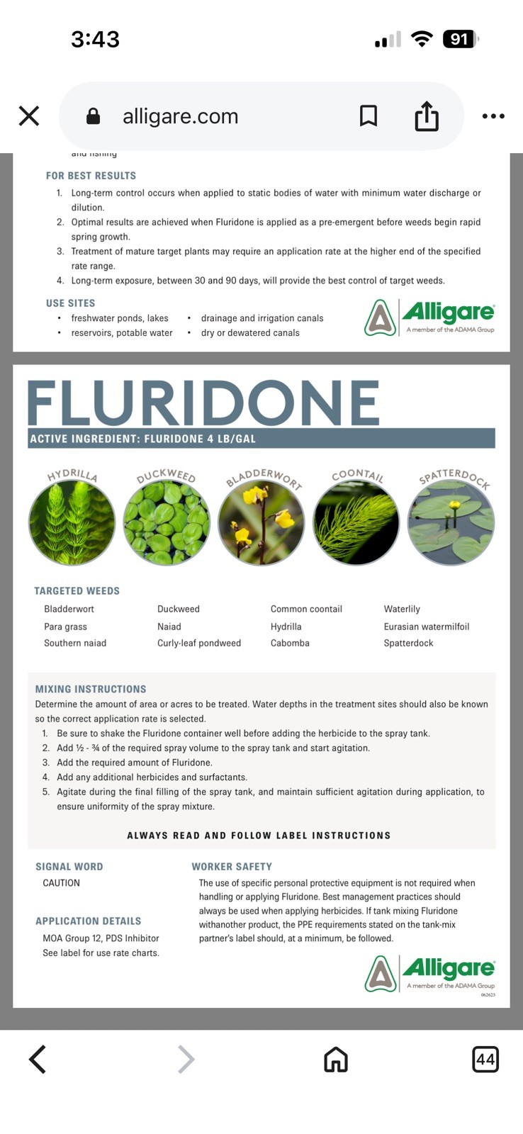 Alligare Fluridone 1/2 Gal (41.7% Active Ingredient) Generic To Sonar Herbicide