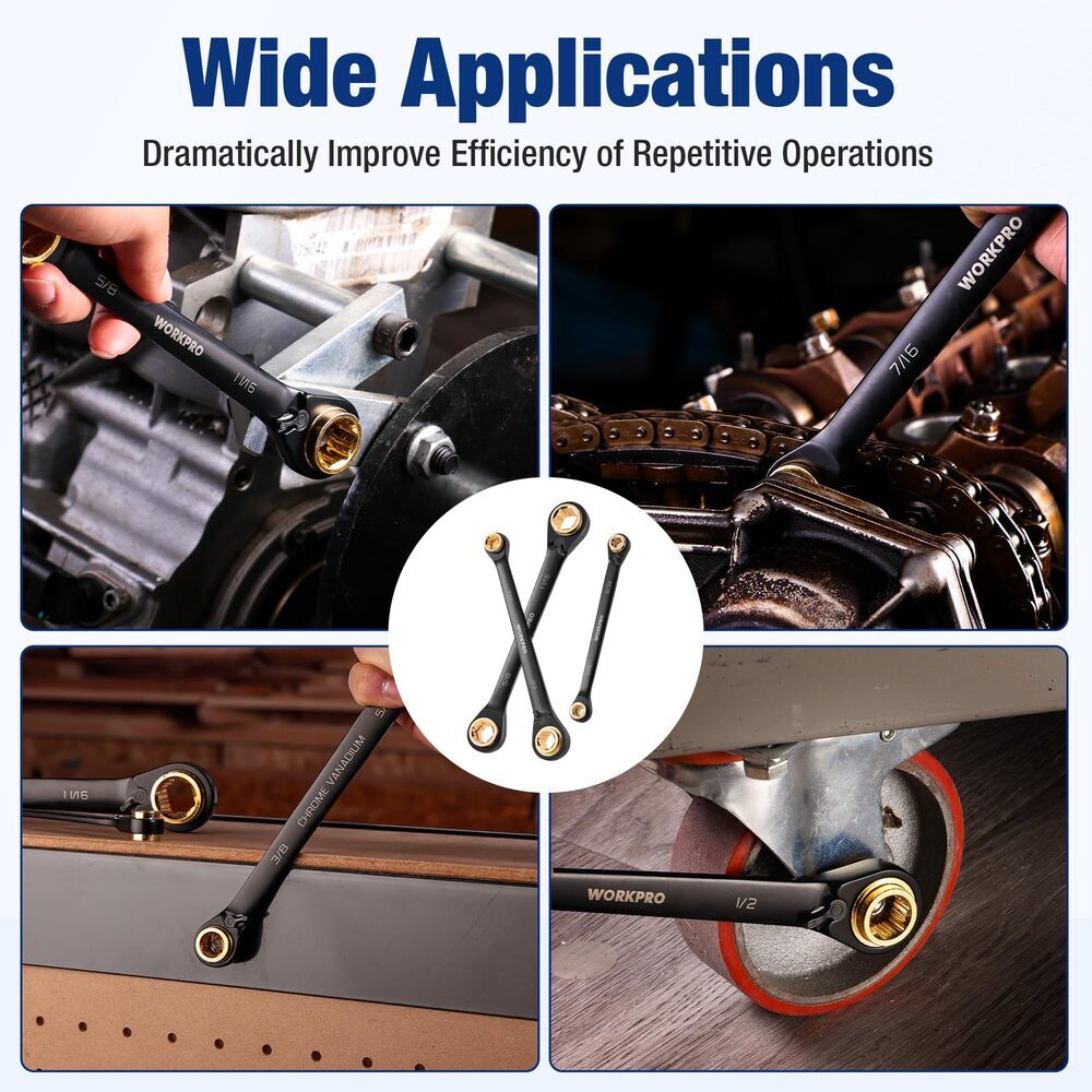 WORKPRO 3PC 4-in-1 Reversible Ratcheting Wrench Set Anti Slip SAE Double Box End