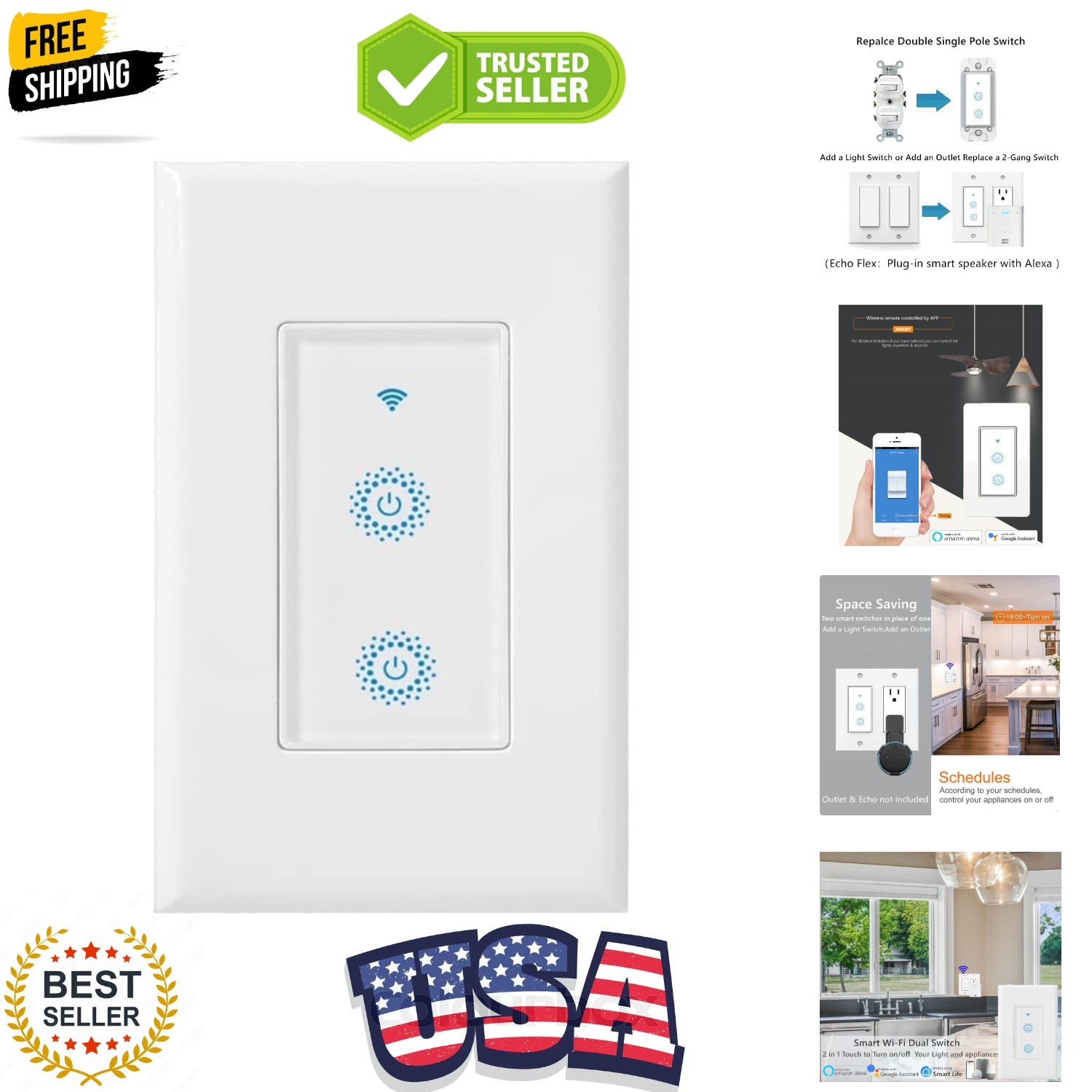 Smart Wi-Fi Double Light Switch, 2 in1 Single Pole Switch Compatible with Ale…