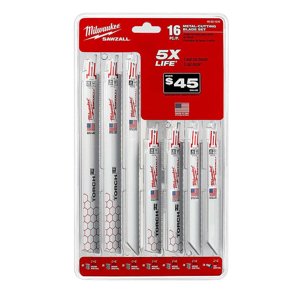 Milwaukee 49-22-1216 SAWZALL Metal Cutting Bi-Metal Reciprocating Blades – 16 PC