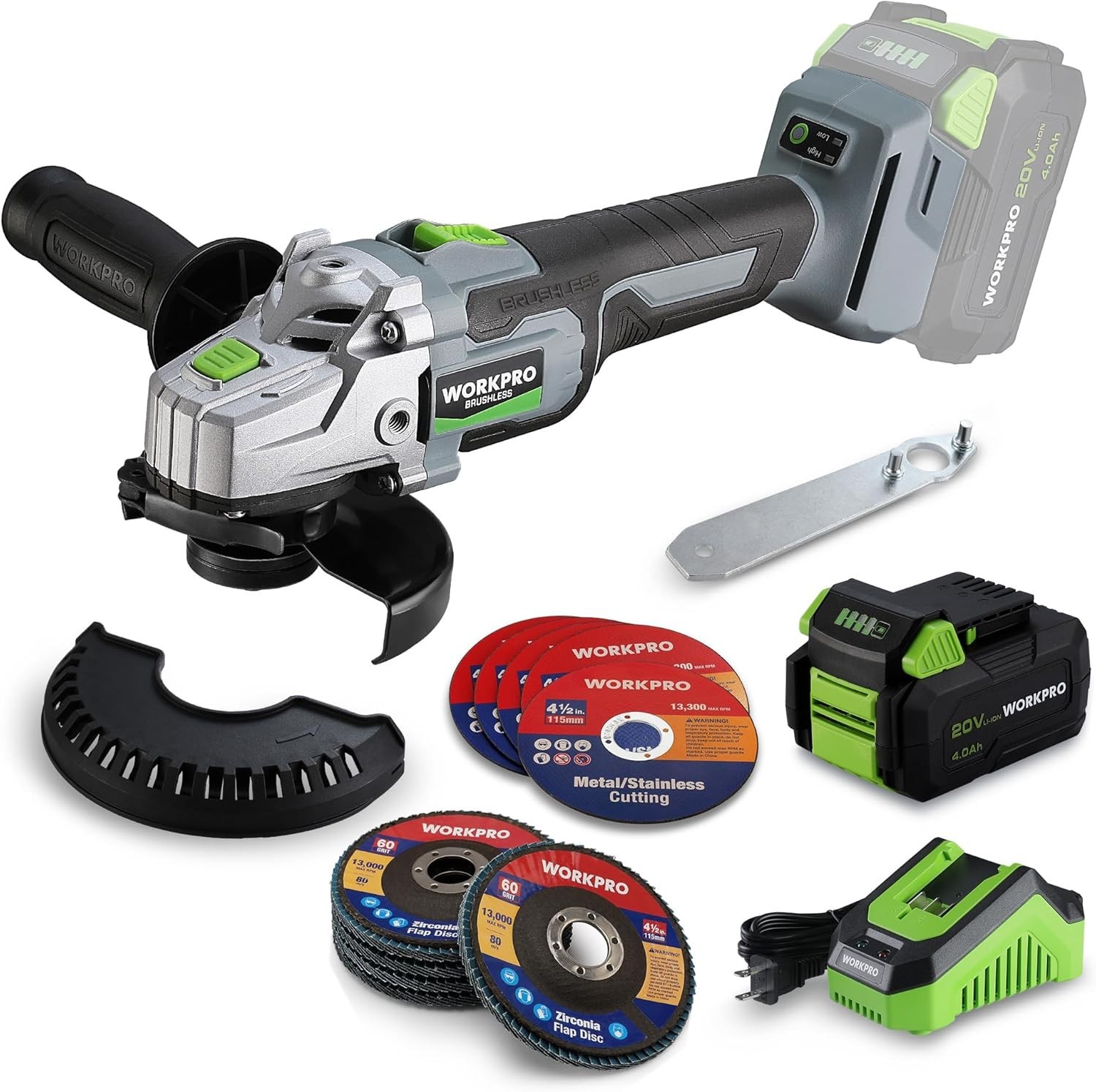 WORKPRO Cordless Angle Grinder, 20V Brushless Grinder with 4.0Ah Battery and Fas
