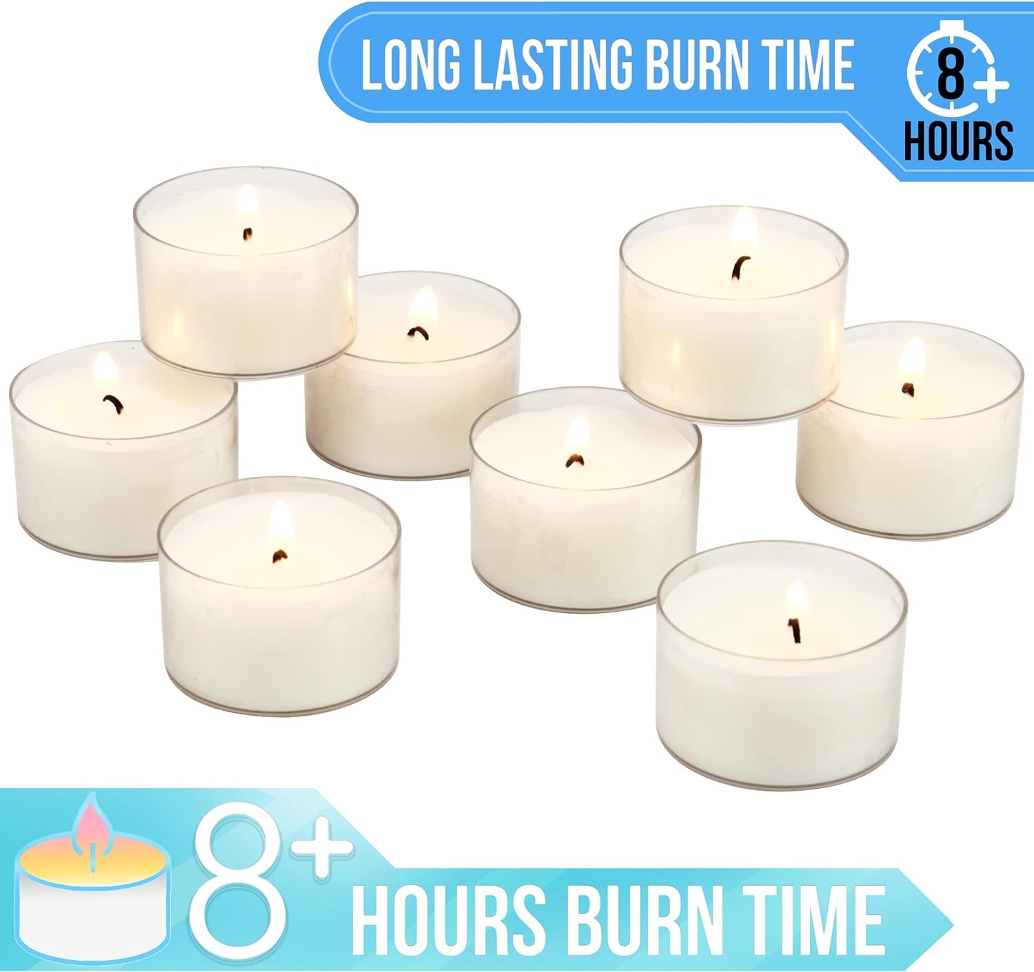48 Count White Unscented Smokeless Long Burning Clear Cup Tea Light Candles