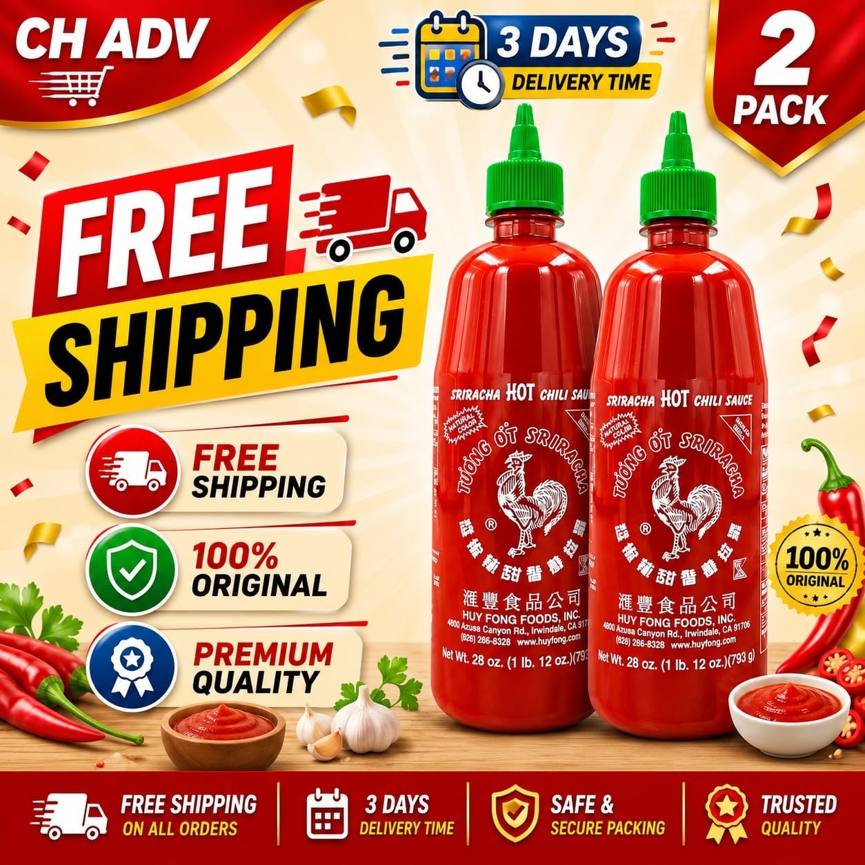 2 pack, Sriracha Hot Chili Sauce, 28oz ,793g Bottle.