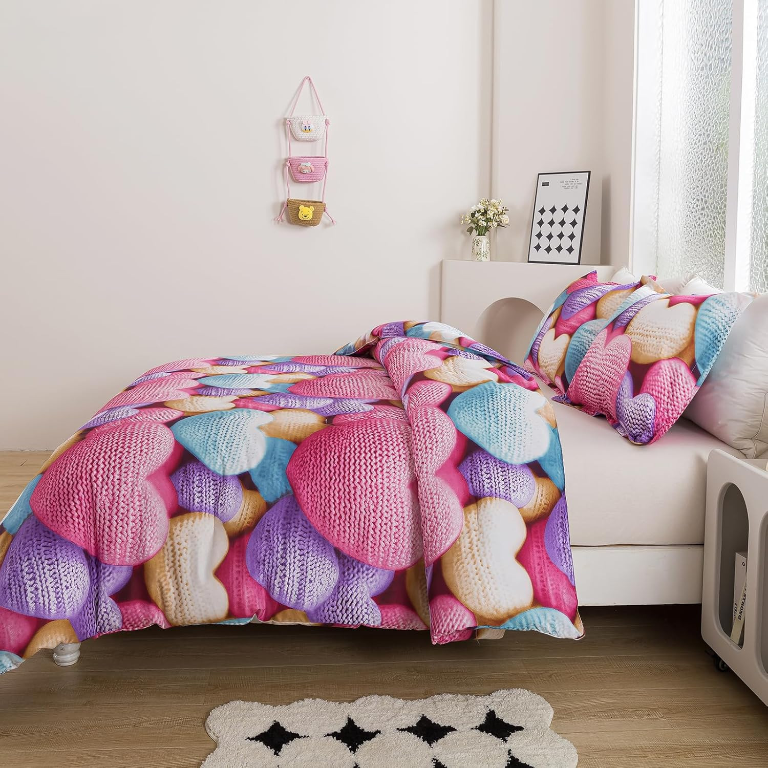 Heart Print Comforter Set Queen Size, Stereoscopic 5D Lovely Teens Romantic Comf
