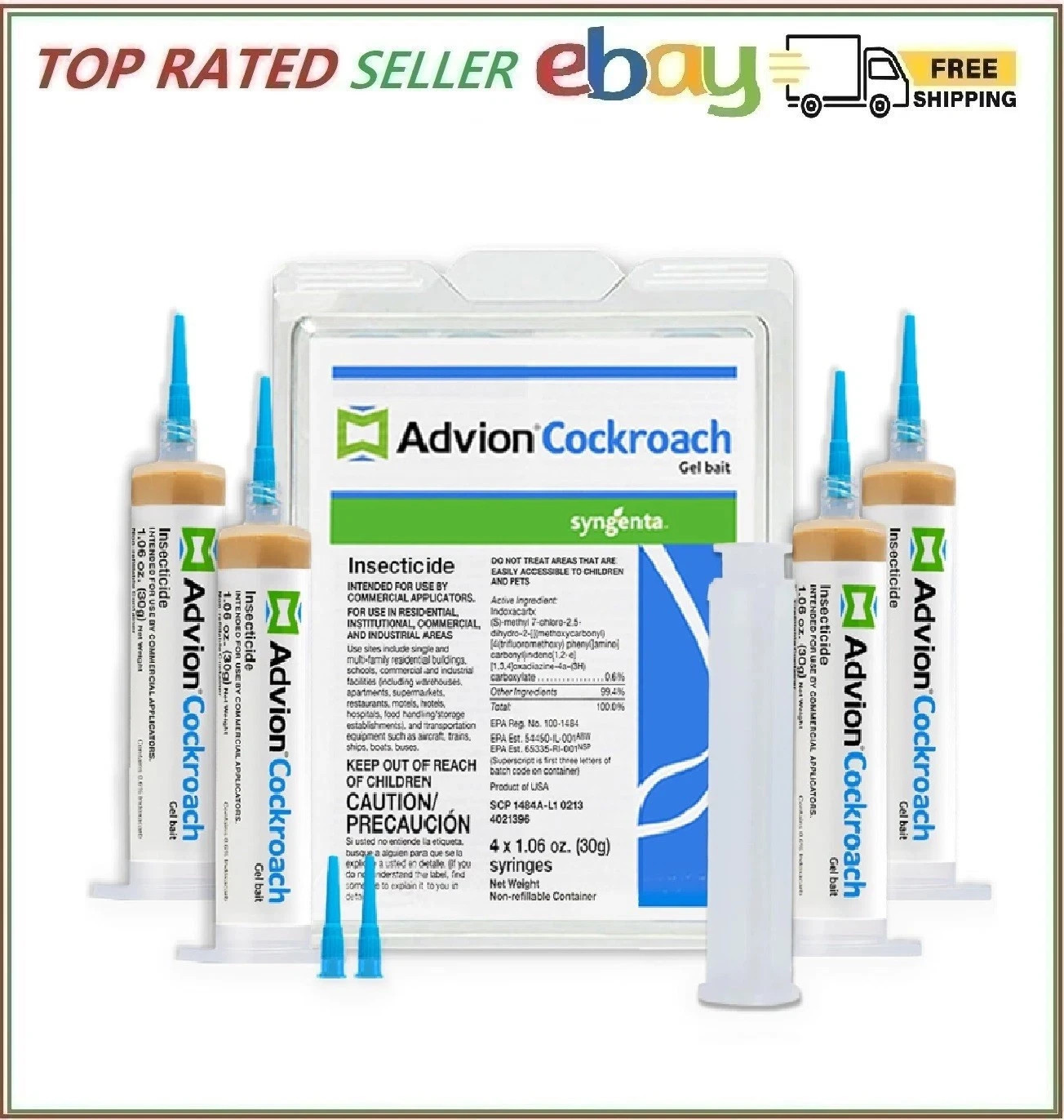 Advion Cockroach Gel Bait 4 Tubes x 30 Grams 1 Plunger and 2 Tips German Roach