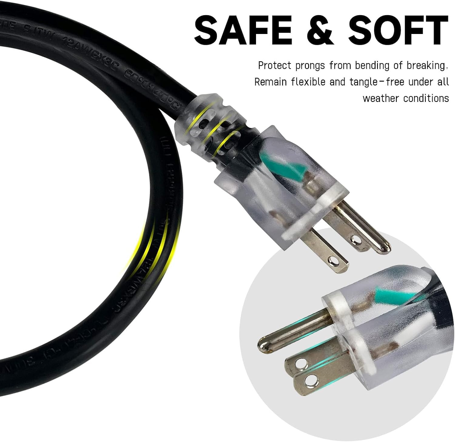 30 Ft 10/3 SJTW Lighted Outdoor Extension Cord, Black | 10 Gauge Heavy Duty Exte