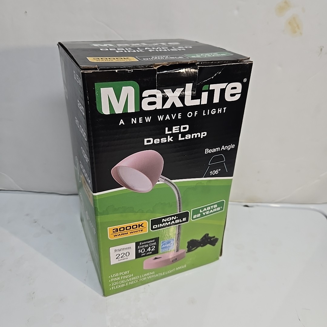 MaxLite 3.5W LED Desk Lamp w/ USB 2.0 Port, 220 Lumens, 25K Life Hrs 3000K, Pink