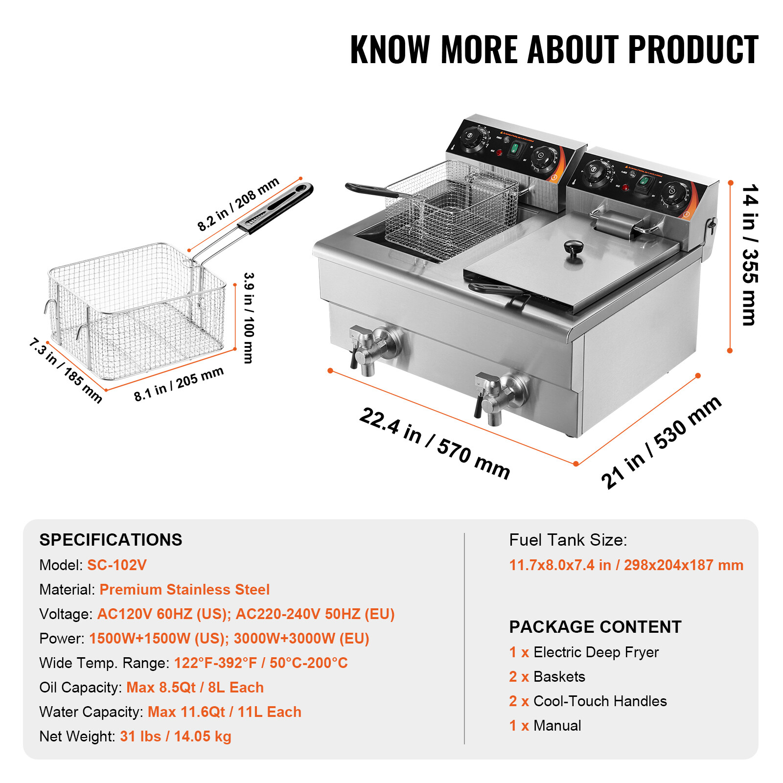 22L Commercial Electric Deep Fryer Countertop Deep Fryer w/ Dual Tanks 3000W
