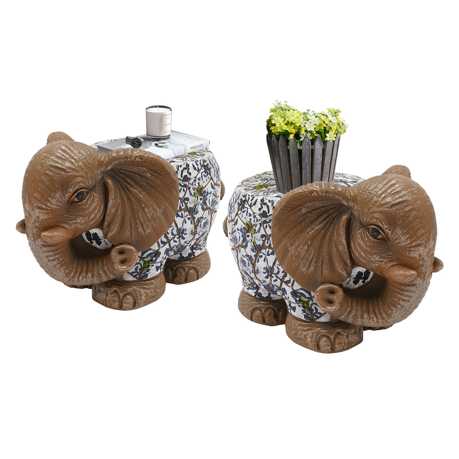Brown Elephant Ceramic Garden Stool Trunk Up Side Table Glossy Accent 9.06in H