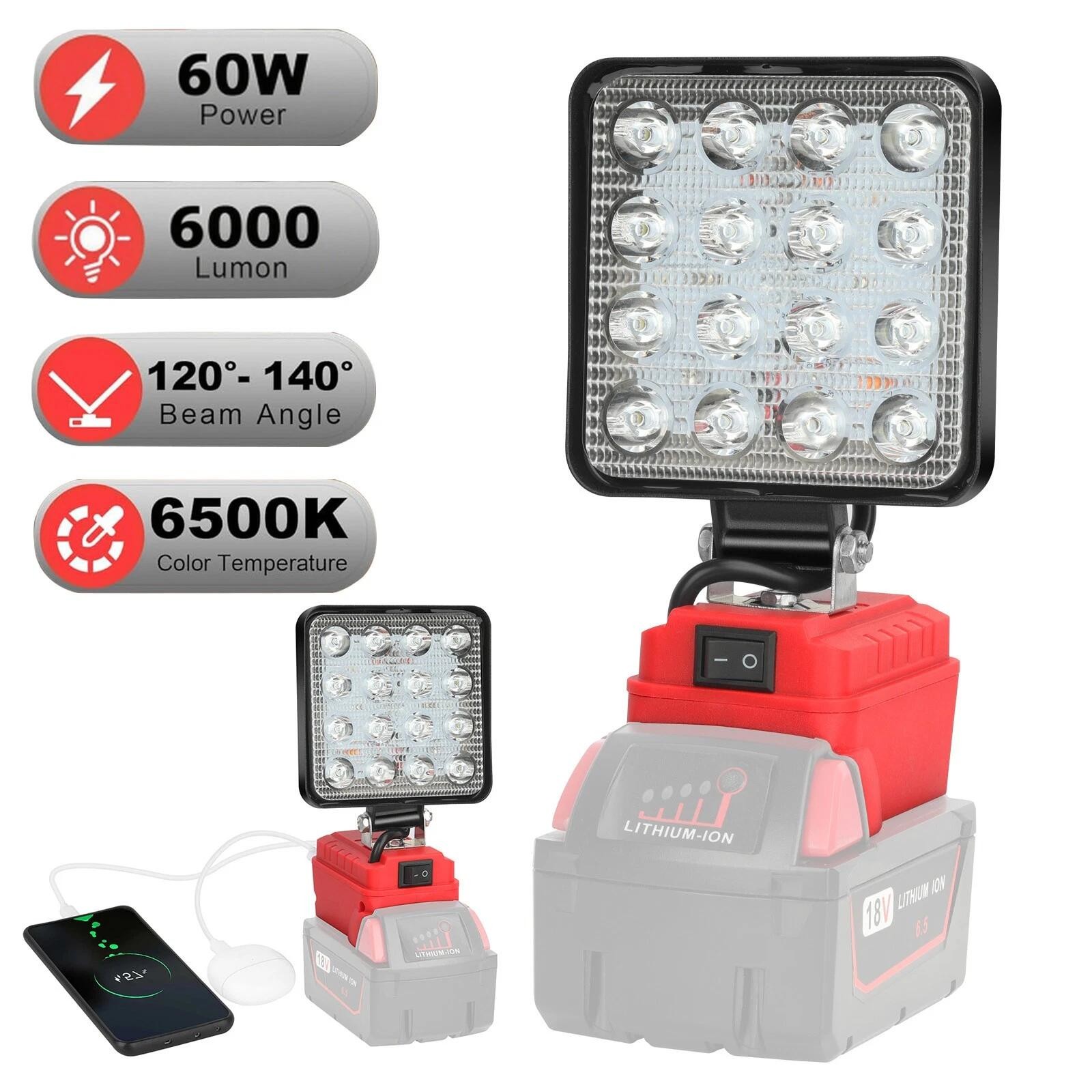 60W LED Work Light for Milwaukee M–18 18V Battery w/USB Cordless Outdoor