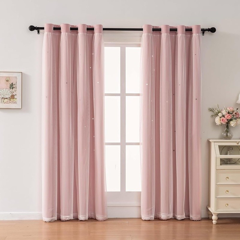 Double Layer Star Cutout Blackout Curtains Grommet Top Noise Reducing Drapes New