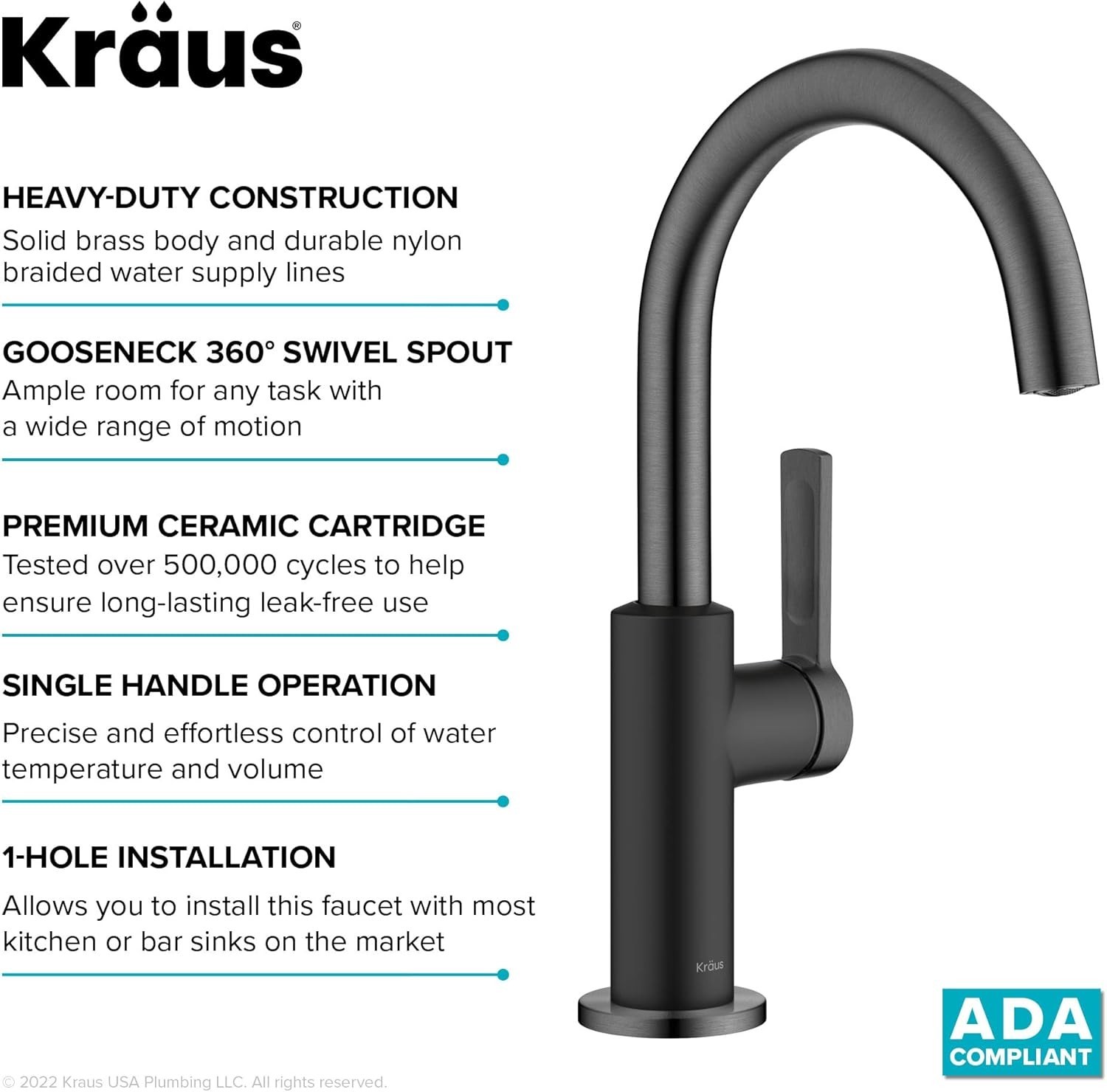 Compact Kitchen Bar Faucet Matte Black Stainless Steel Single Hole Installation