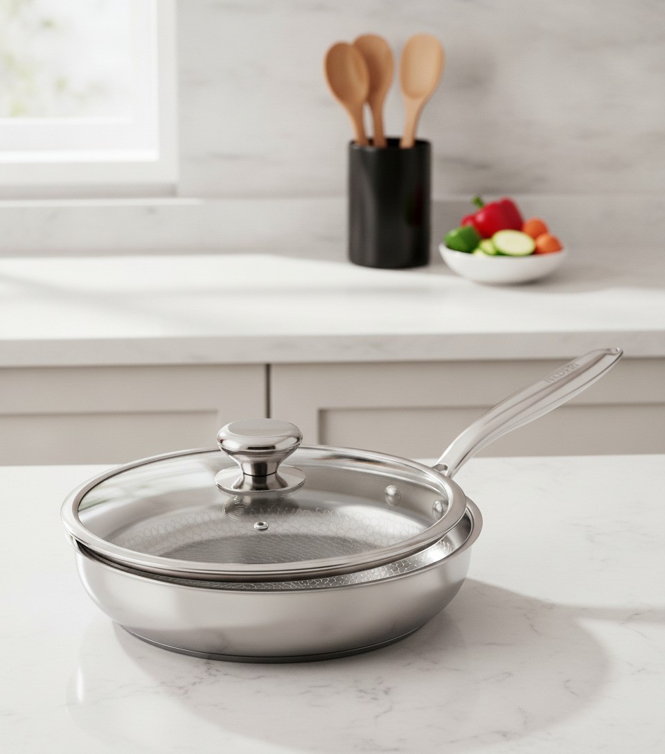 Titanium Frying Pan with Lid, 11.02 Inch, 2.8 Qt, Hammered, Silver