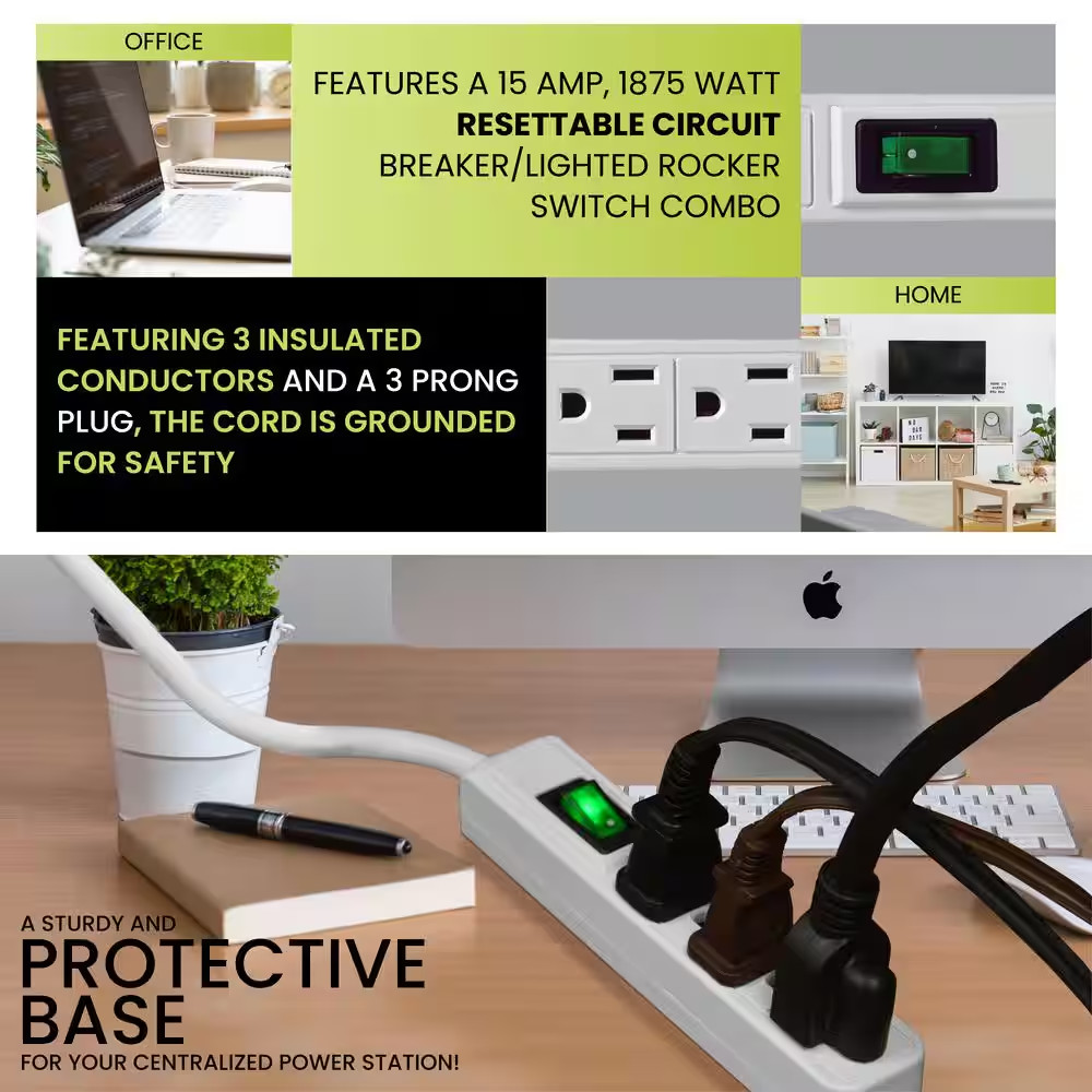3 Outlet Power Strip Surge Protector with 2.5 Ft. Heavy Duty Cord