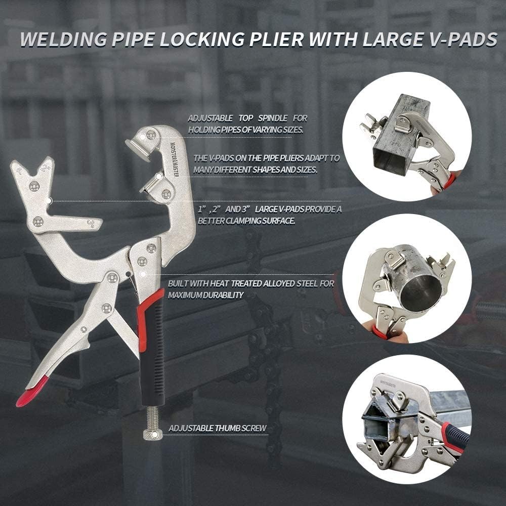Welding Pipe Plier Clamp, Fast Release, C-Clamp Locking with Large V-Pads, 10 In