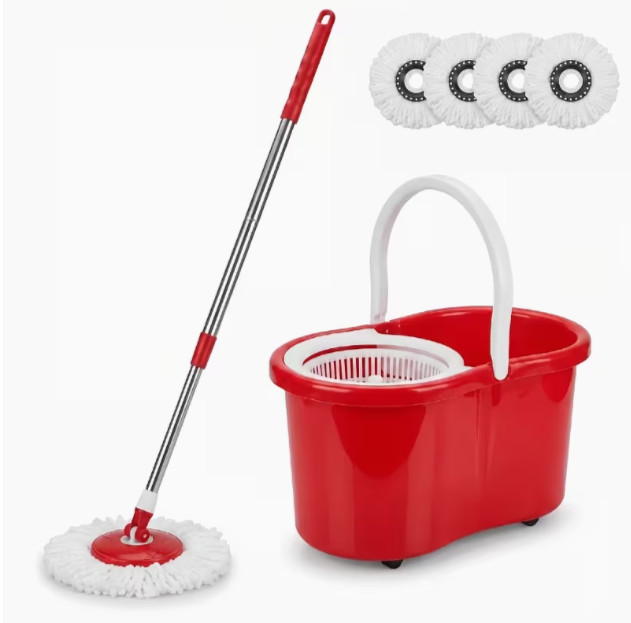 360 Spin Mop Bucket System 4 Microfiber Heads Floor Cleaning Stainless Steel Han