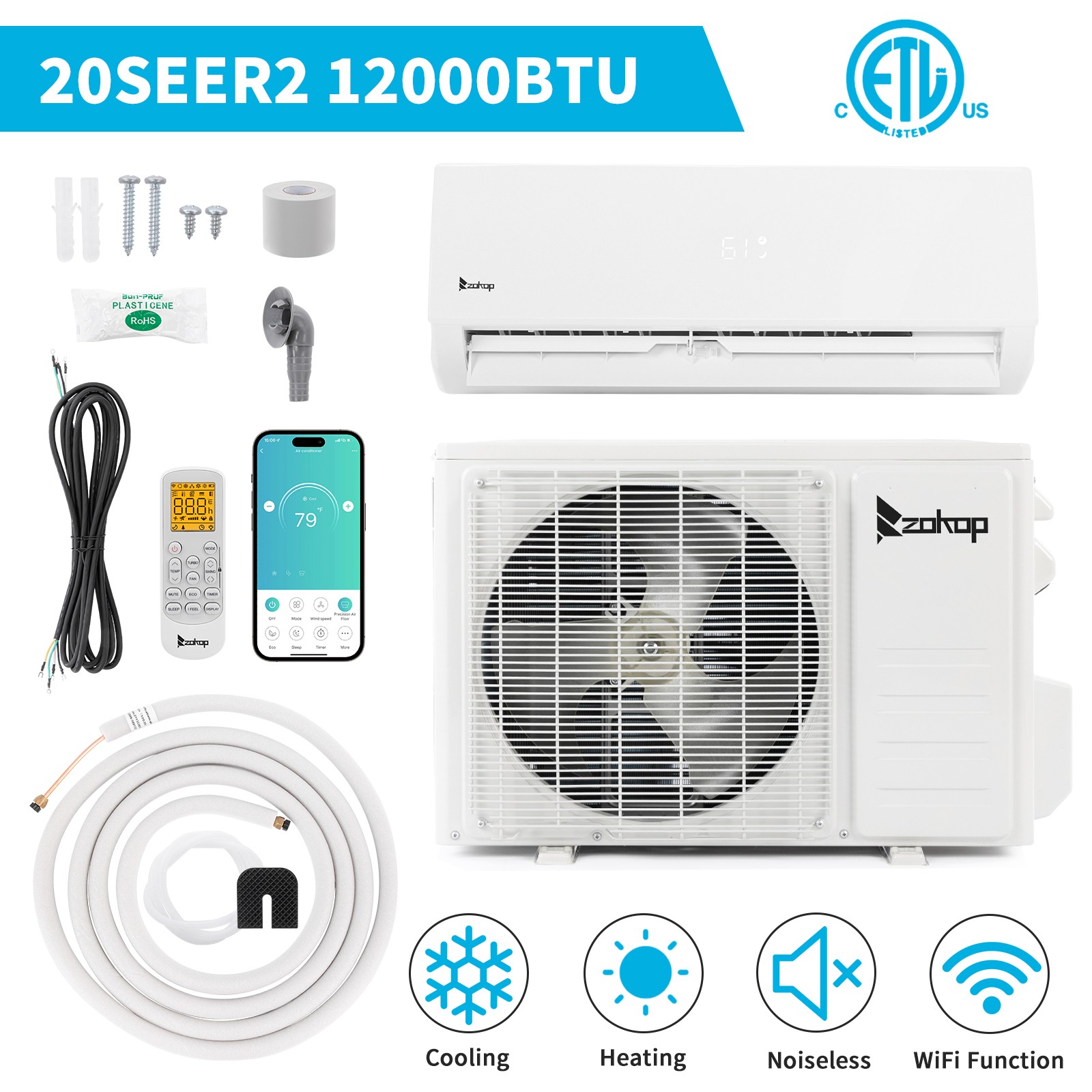12,000 BTU AC Ductless Air Conditioner, Heat Pump Mini Split 230V With/KIT, Wifi
