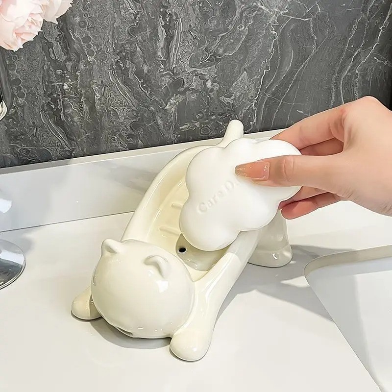 Cat Shape Soap Dish Holder Self Draining Plastic Soap Box Bathroom Accessories