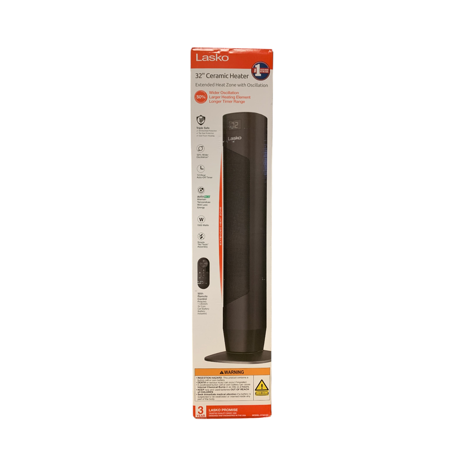 Lasko 32″ Ceramic Heater with Remote, Extended Heat Zone with Wider Oscillation