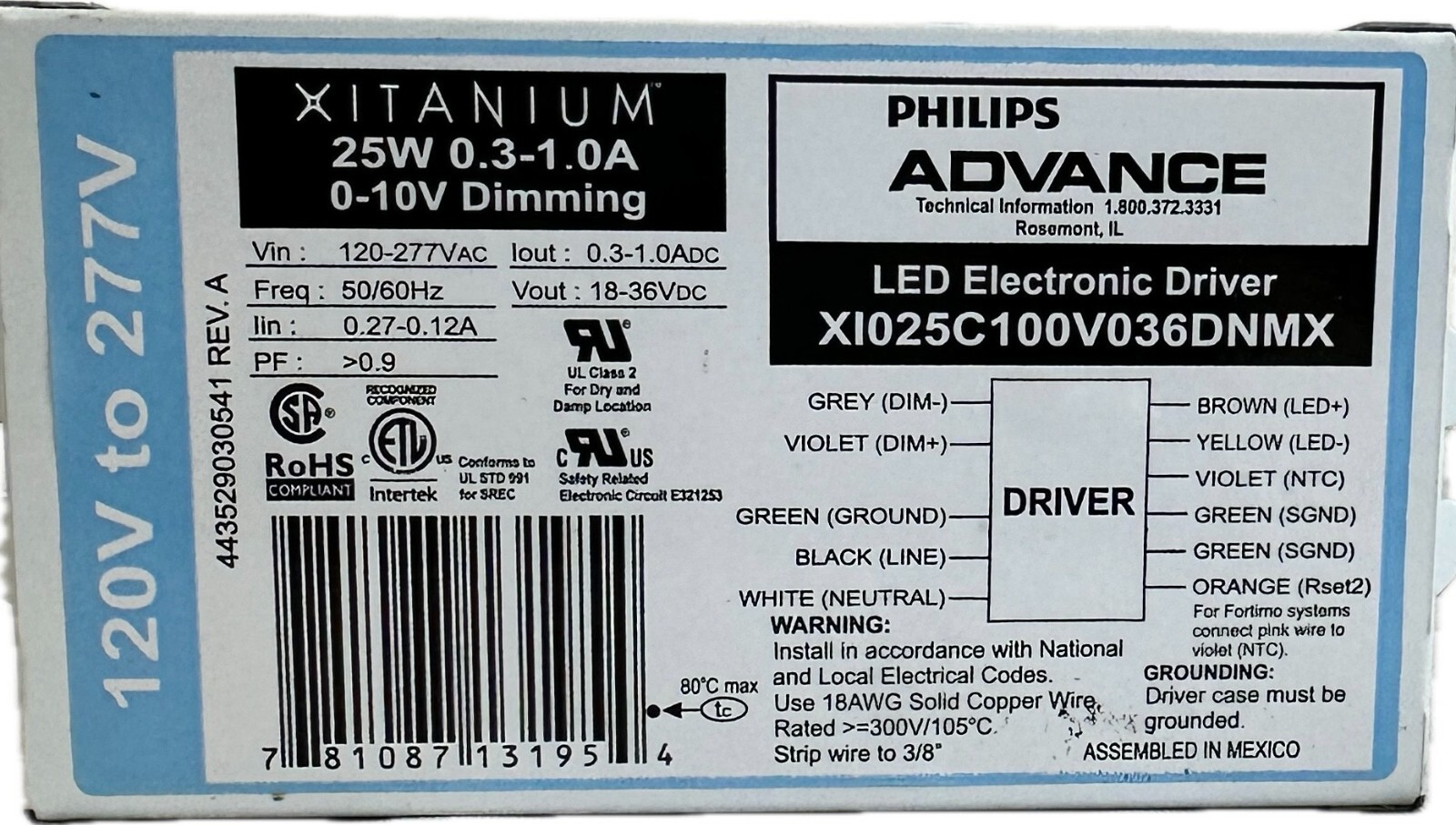 Philips Advance LED Electronic Driver Xitanium 25W XI025C100V036DNMX (New)