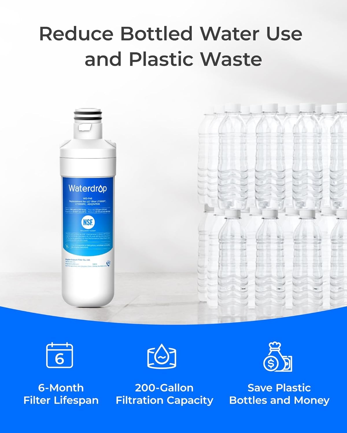 Waterdrop Refrigerator Water Filter, Replacement for LG® LT1000P®, Pack of 9