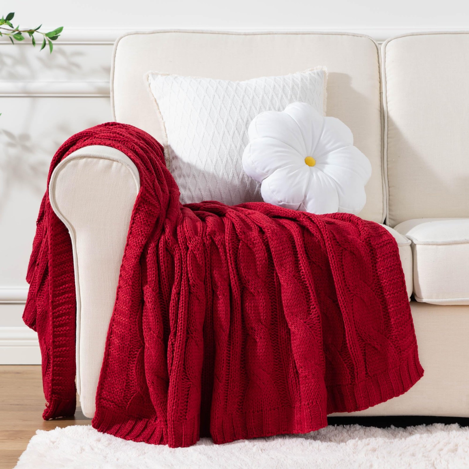 Battilo Red Cable Knit Throw Blankets Couch, Super Soft Warm Cozy Decorative