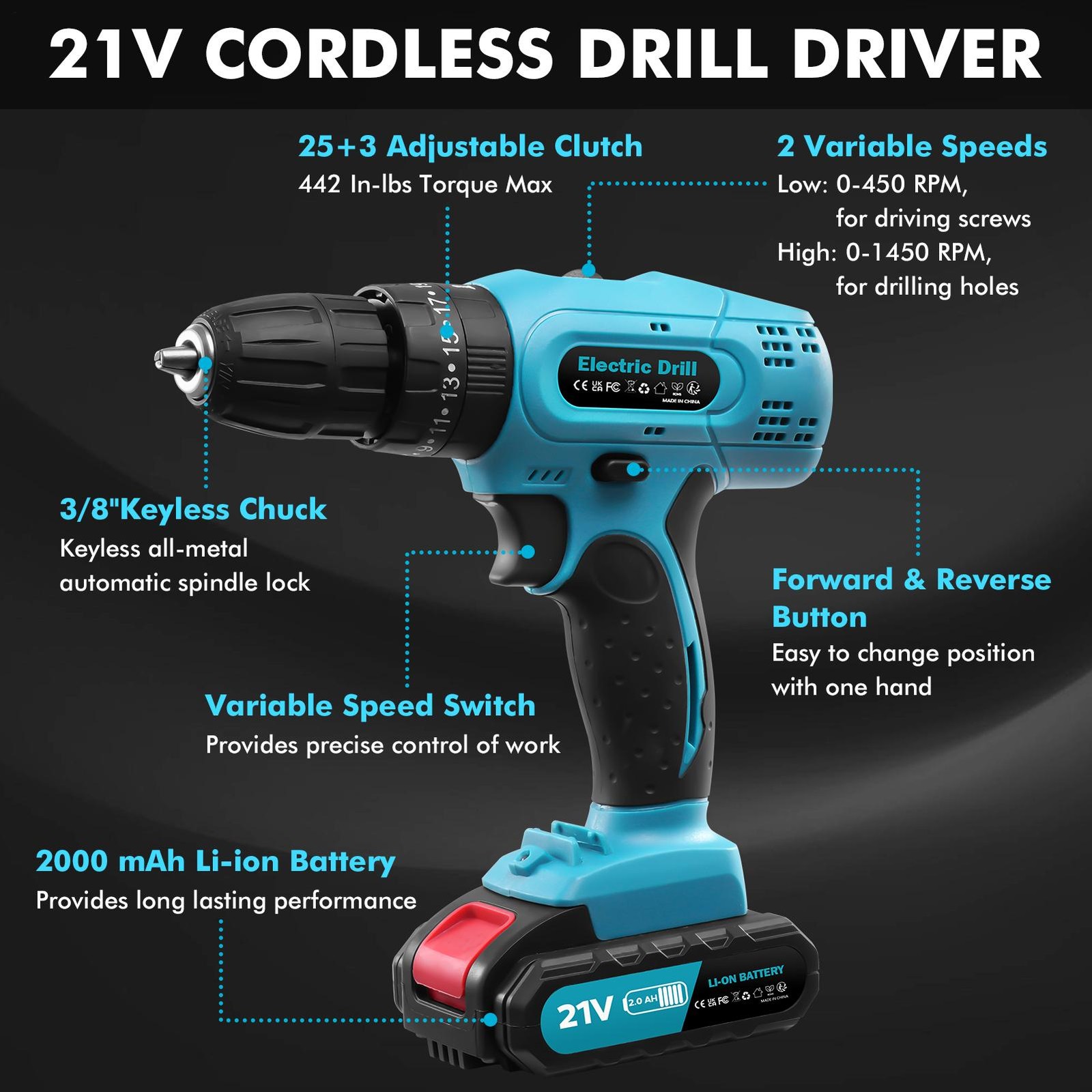 Hammer Drill Cordless Brushless Impact Driver Combo Kit With 2 Battery & Charger