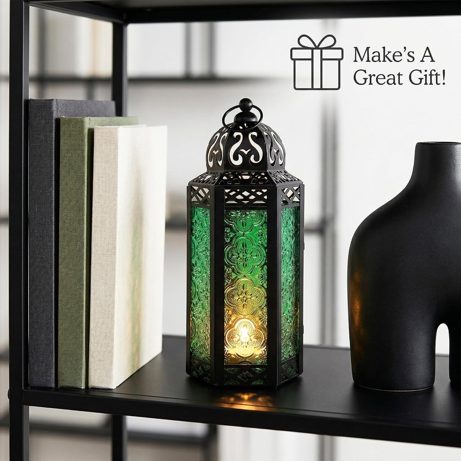 Emerald Green Moroccan Lantern – 10.5in Tall Candle Holder for Enchanting Decor