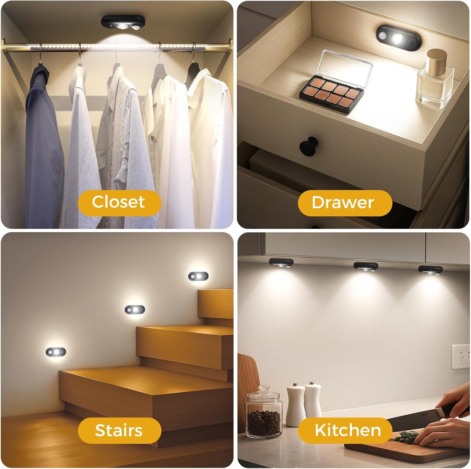4 Pack Rechargeable LED Sensor Puck Light Under Cabinet Light for Drawer Kitchen