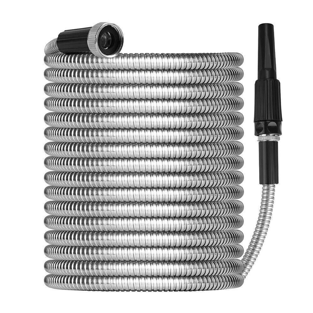 25/50/75/100FT Stainless Steel Metal Garden Hose Water Hose Flexible w/Sprayer