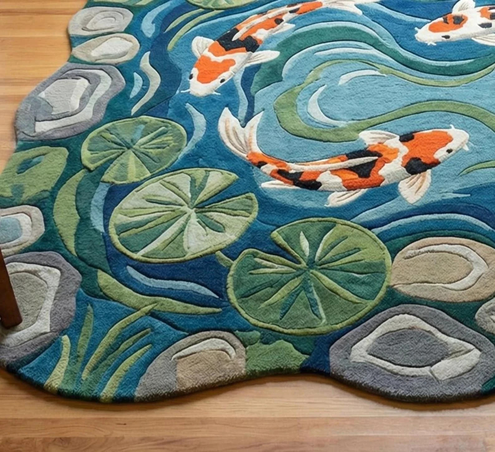 Hand Tufted Koi Fish Pond Rug – Round Artistic Area Rug – Japanese Style Water
