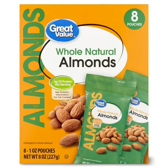 Great Value Whole Natural Almonds, 1 oz, 8-Count Pack
