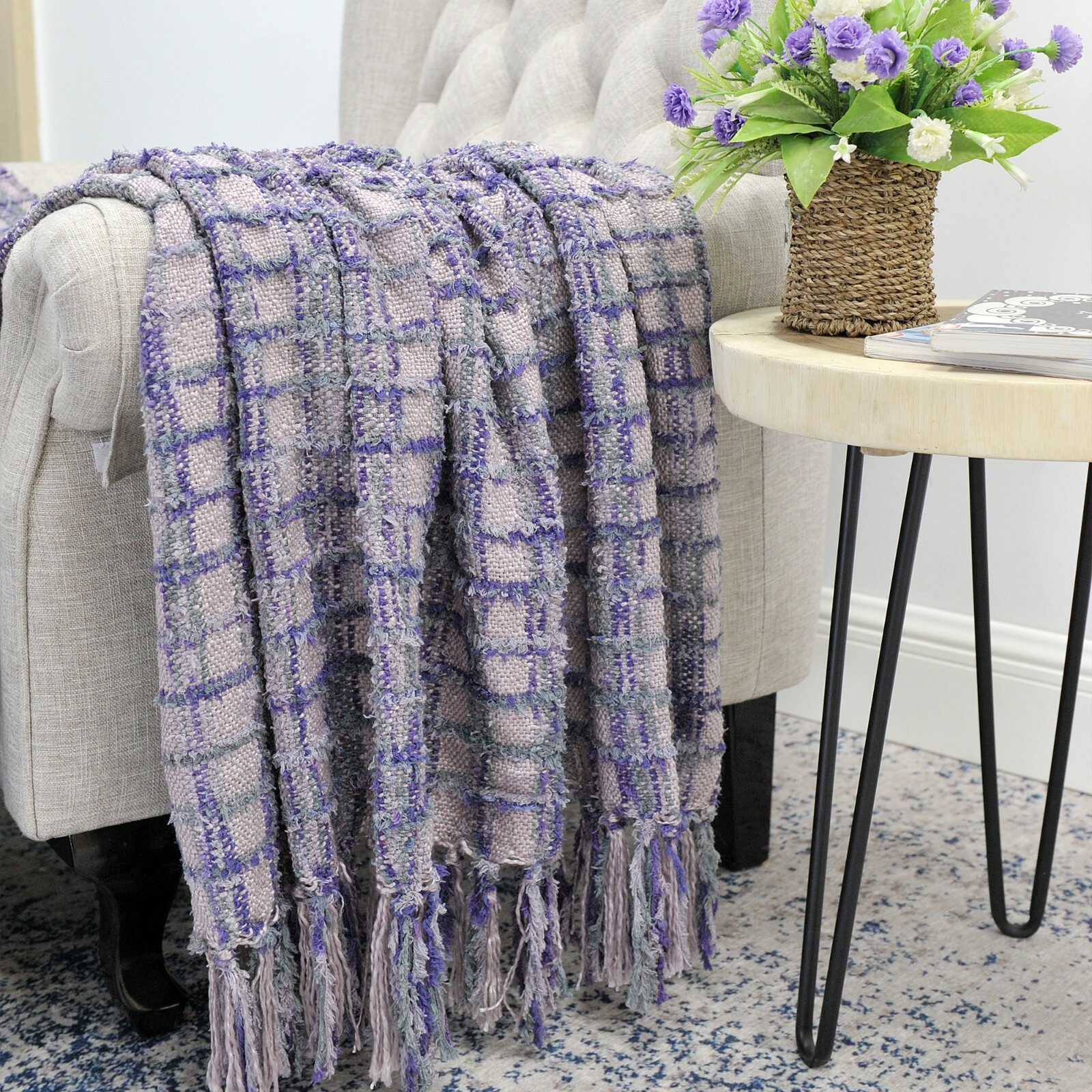 Boho Multi-Color Chenille Knitted Throw Blanket with Decorative Tassels Gift