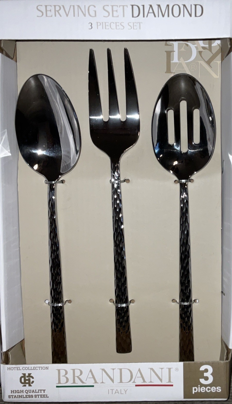 BRANDANI ITALY DIAMOND STAINLESS STEEL FLATWARE 3pc. SERVING SET NIB