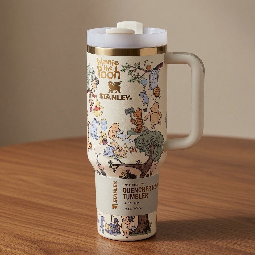 40 oz Cartoon Bear Tumbler with Handle Straw Lid Insulated Travel Cup