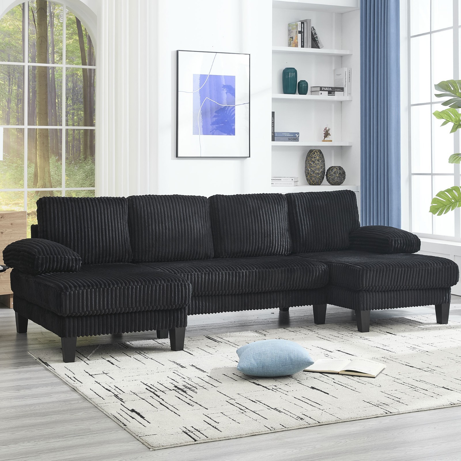 114″ U-shaped Sectional Sofa Couch Corduroy Fabric Sleeper Dual Chaise Lounges
