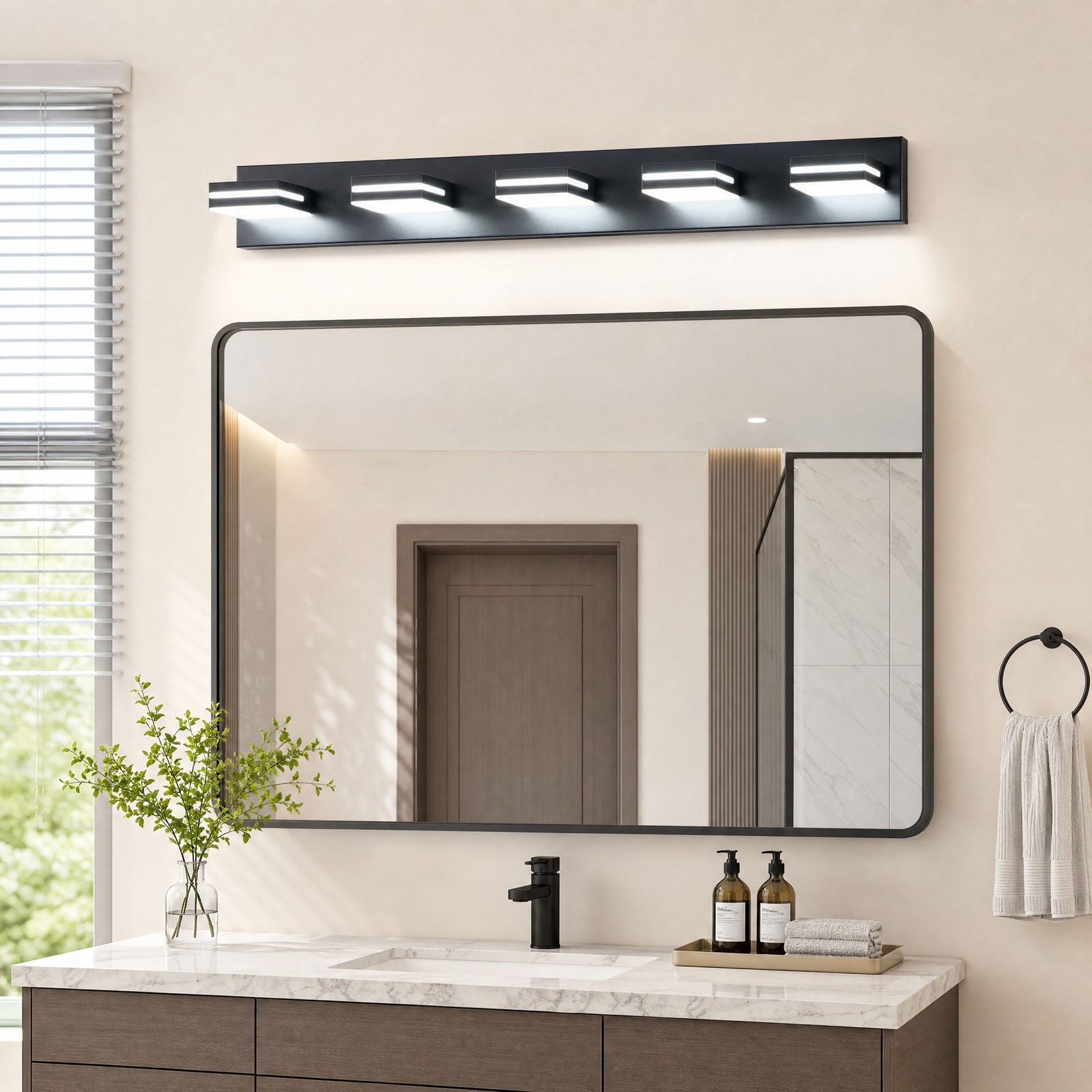 41 in 5 Lights Modern Black LED Vanity Light Bathroom Mirror Wall Sconce Fixture