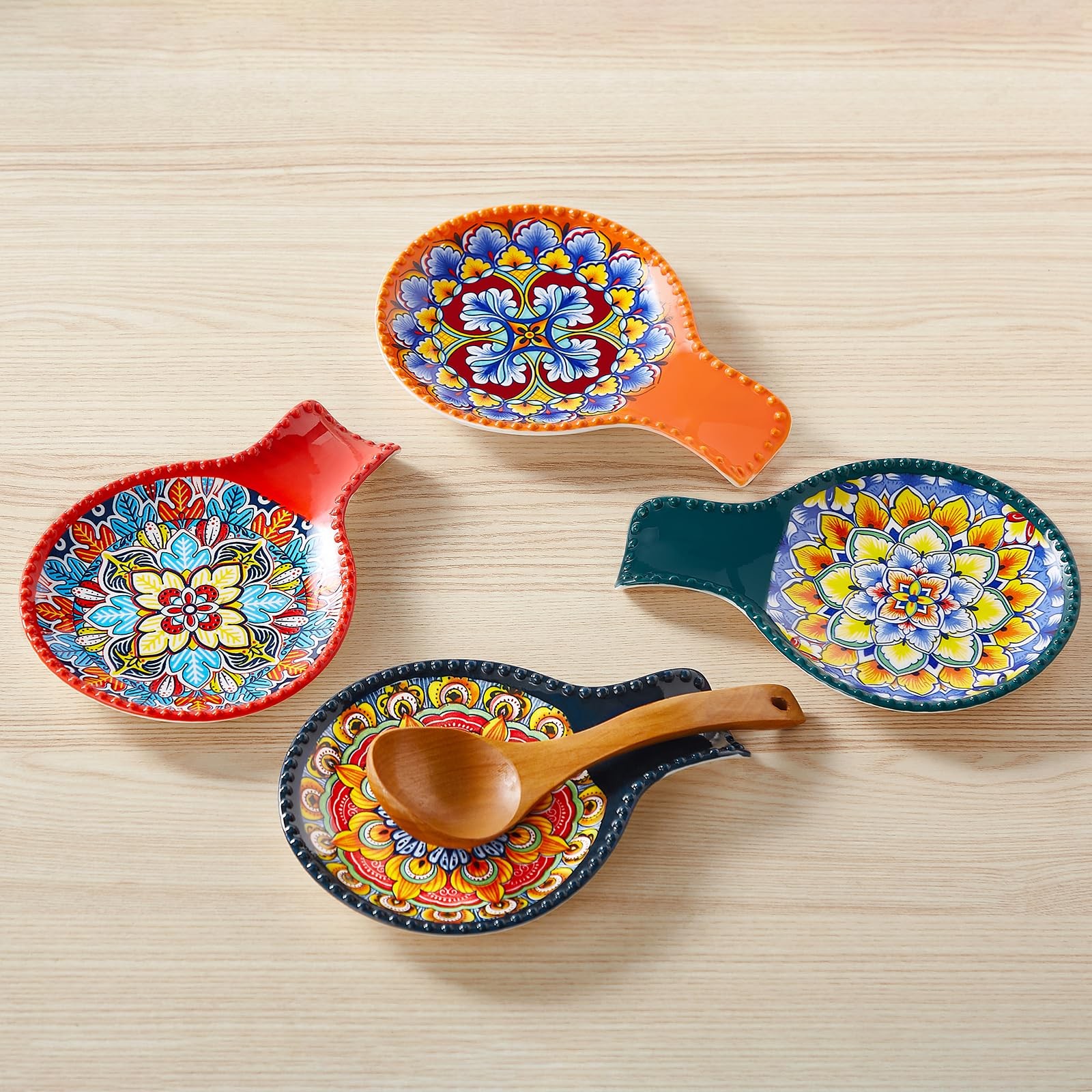 Spoon Rest Ceramic Bohemian Kitchen Decor Stove Top Holder 7.7in Colorful