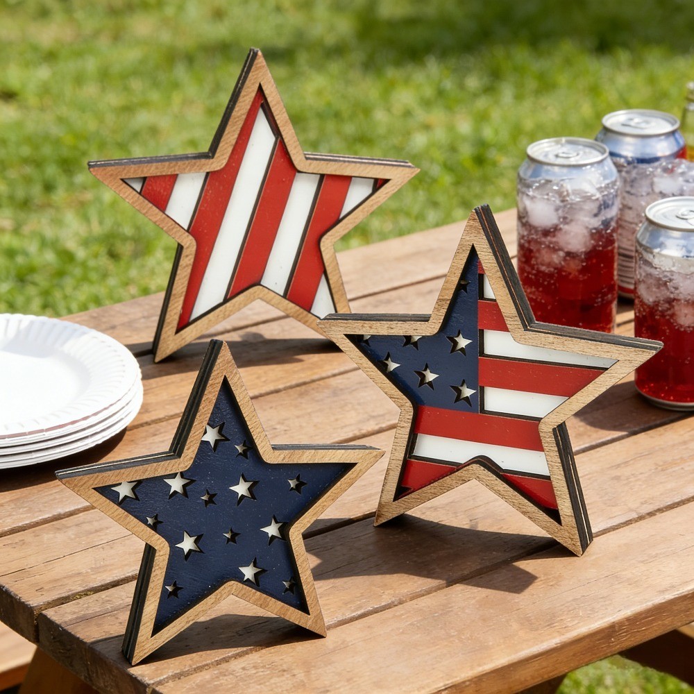 3Pcs Patriotic Wooden Star Decor American Flag Tabletop Ornament for 4th of July
