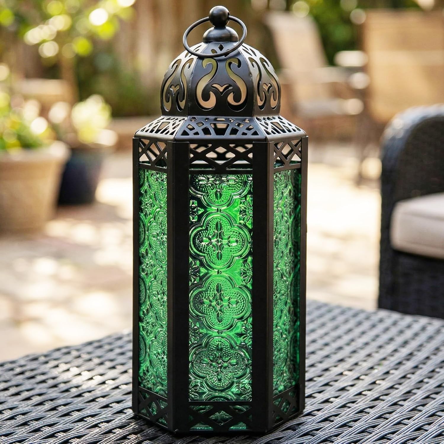 Emerald Green Moroccan Lantern – 10.5in Tall Candle Holder for Enchanting Decor