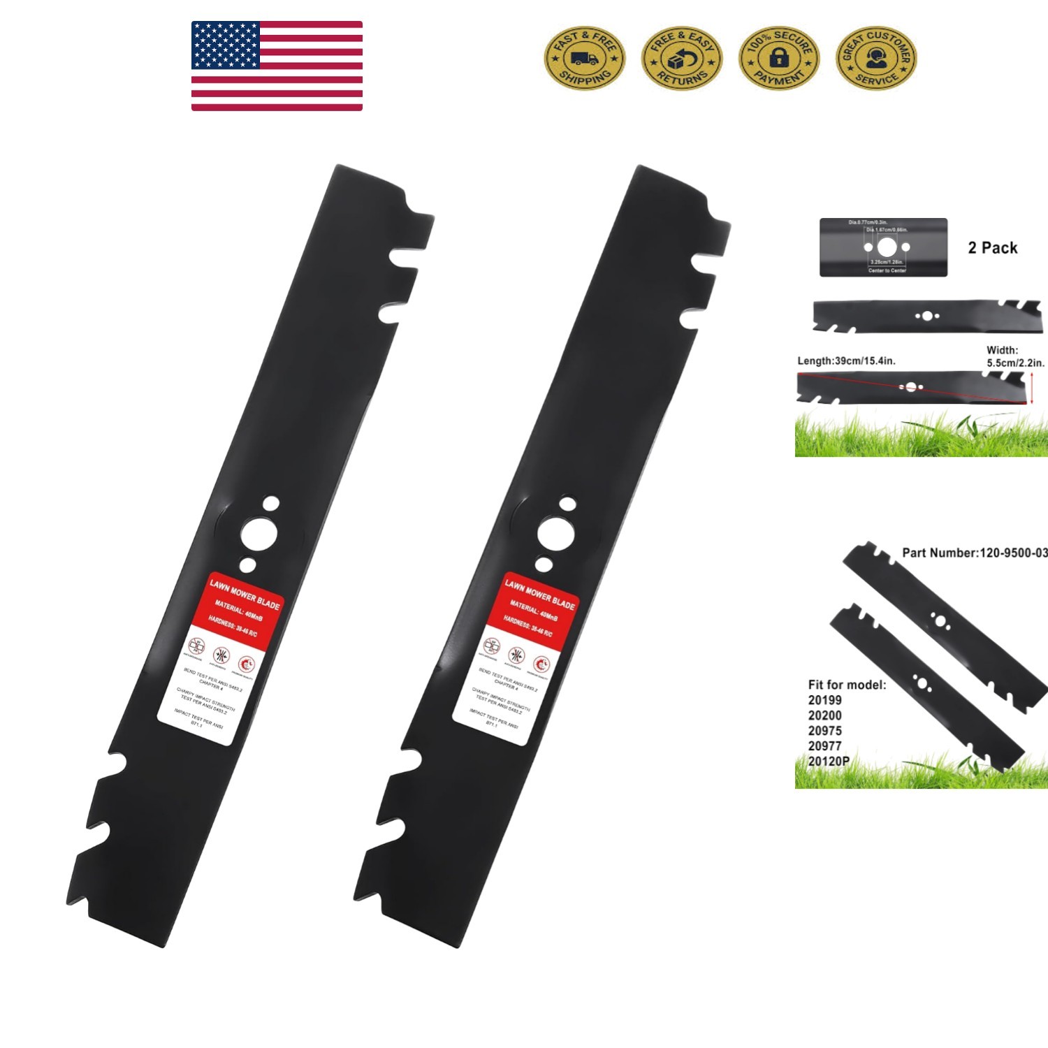 15.4″ Lawn Mower Blades for Toroo Timemasterr – 2 Pack of 120-9500-03