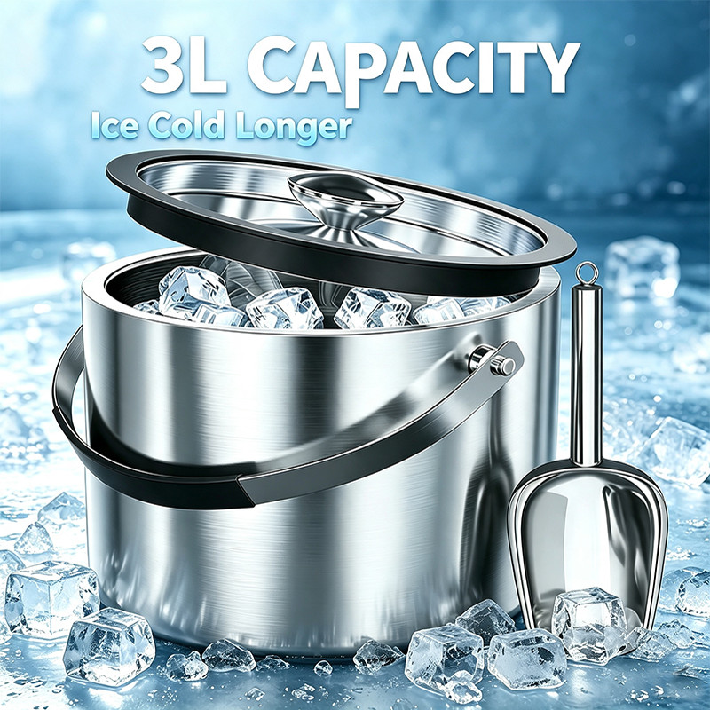 Double Wall Insulated 3L 304 Stainless Steel Ice Bucket Holder Container w/ Lid